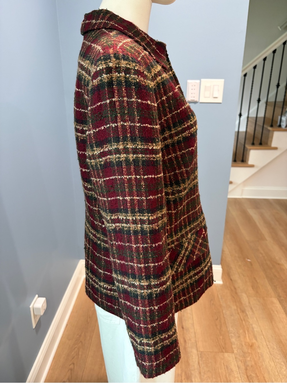 Sag Harbor Vintage Plaid Tweed Jacket Size 10 Burgundy Green Tartan Zip Front - Picture 6 of 9